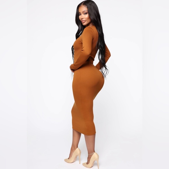 Rameena Long Sleeve Midi Dress - Cognac✨ - Picture 3 of 6
